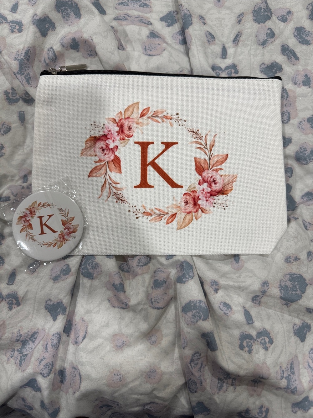 Amazon White Cosmetic Bag with Peach Floral Monogram K